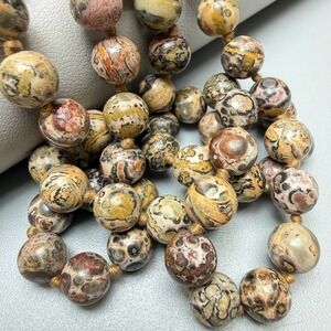 Leopard Skin Jasper Stone Bead Necklace 32" Brown Earth Tones Hand Knotted